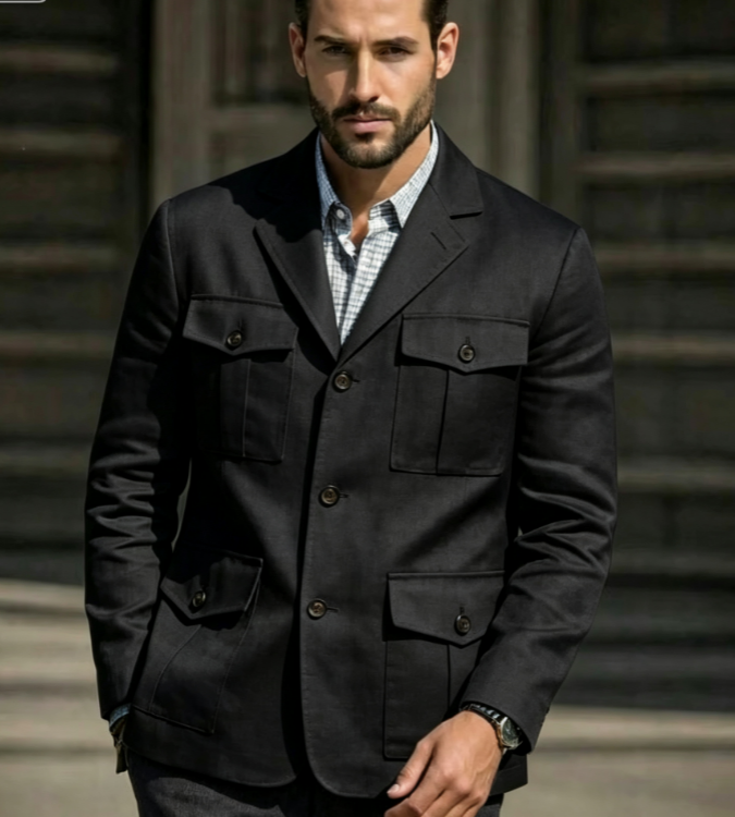 Men'S Formal Resort Wear - Blazer Safari en Lin Bleu pour